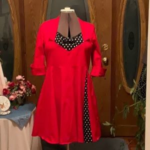 Red Dress with Black and White Insets at collar and waist pleats